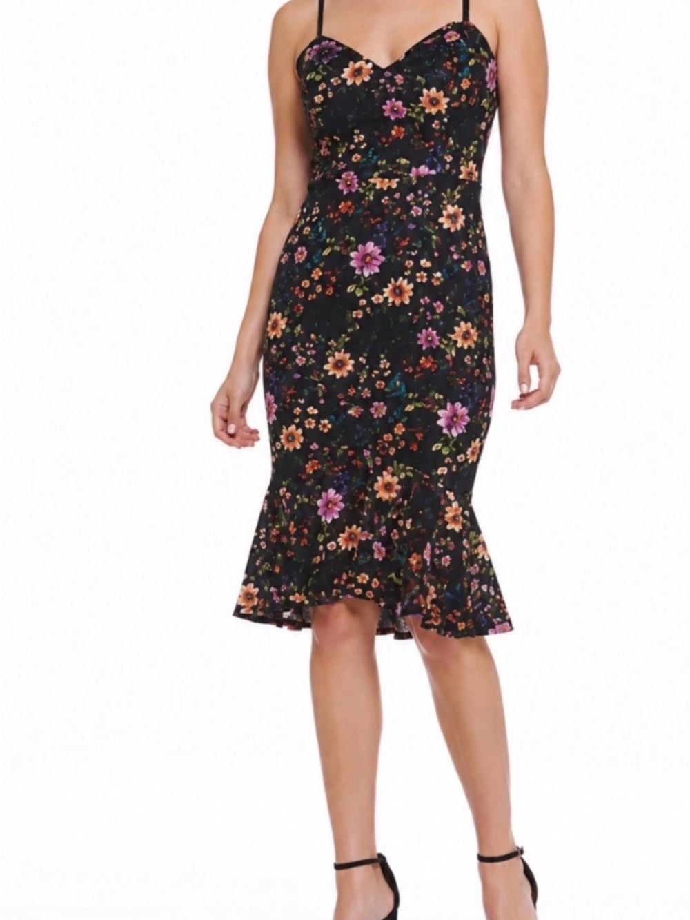 Guess Floral Lace Trumpet Dress Sz 0 Floral Sweetheart Black Midi Dress